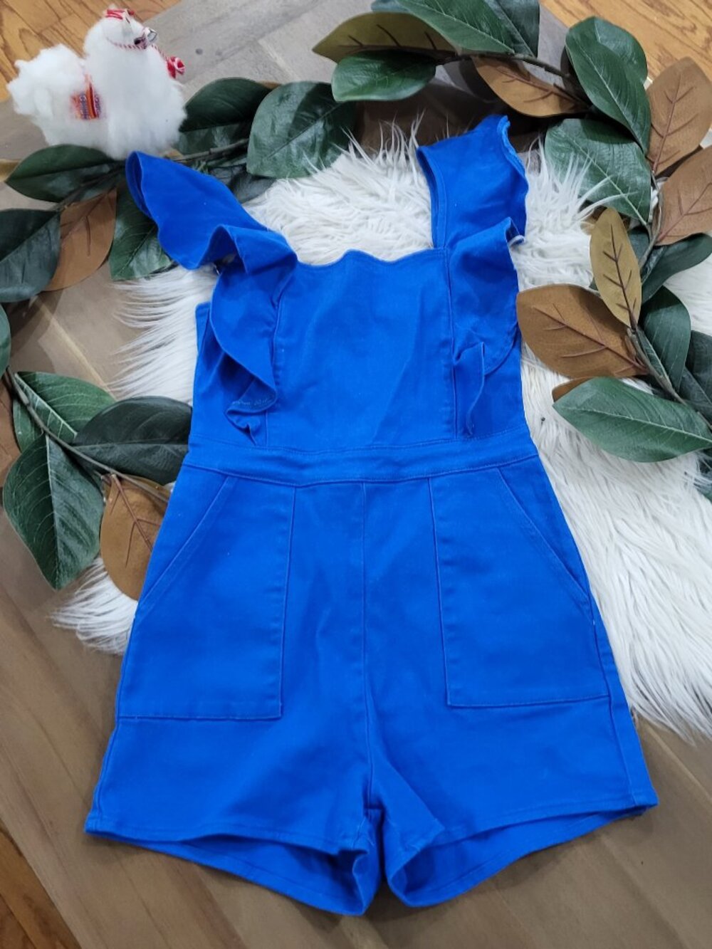 Day + Moon Boutique NWT Royal Blue Ruffle Romper Cotton Blend Size Small Pockets